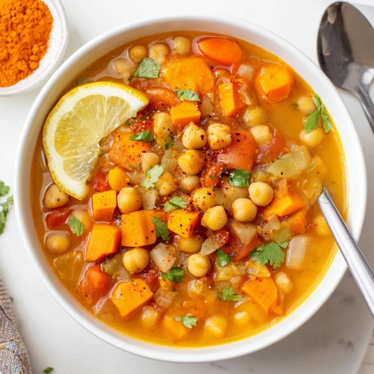 Autumn-hued Smoky Chickpea and Sweet Potato Hearty Soup, chunky sweet potatoes visible.