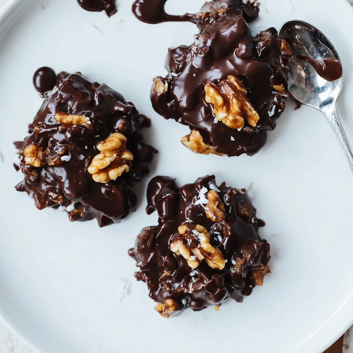 Dark Chocolate Walnut Coconut Crunch Clusters glistening with toasted coconut, nestled on parchment