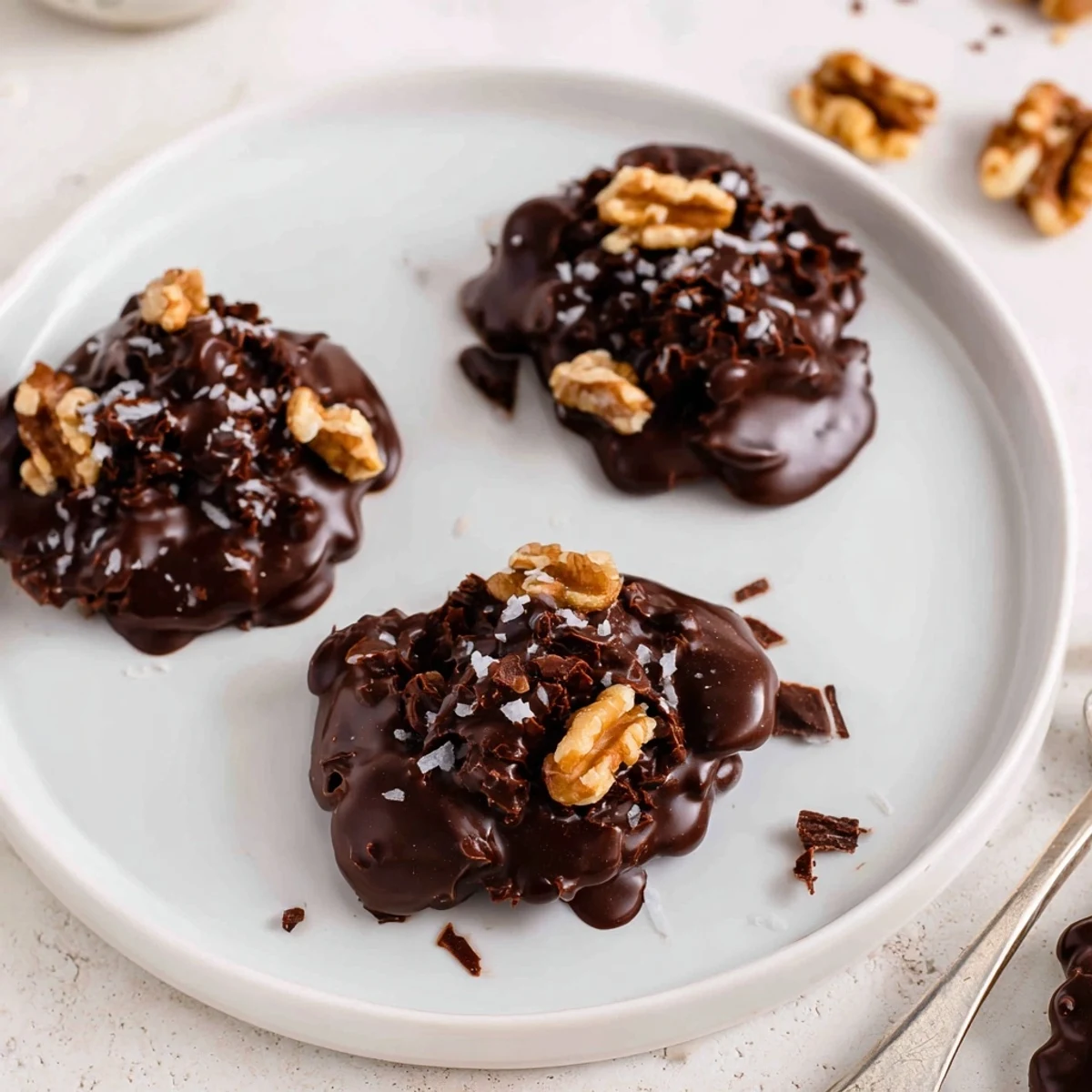 Dark Chocolate Walnut Coconut Crunch Clusters chilled, bite-sized mounds sprinkled with flaky sea salt