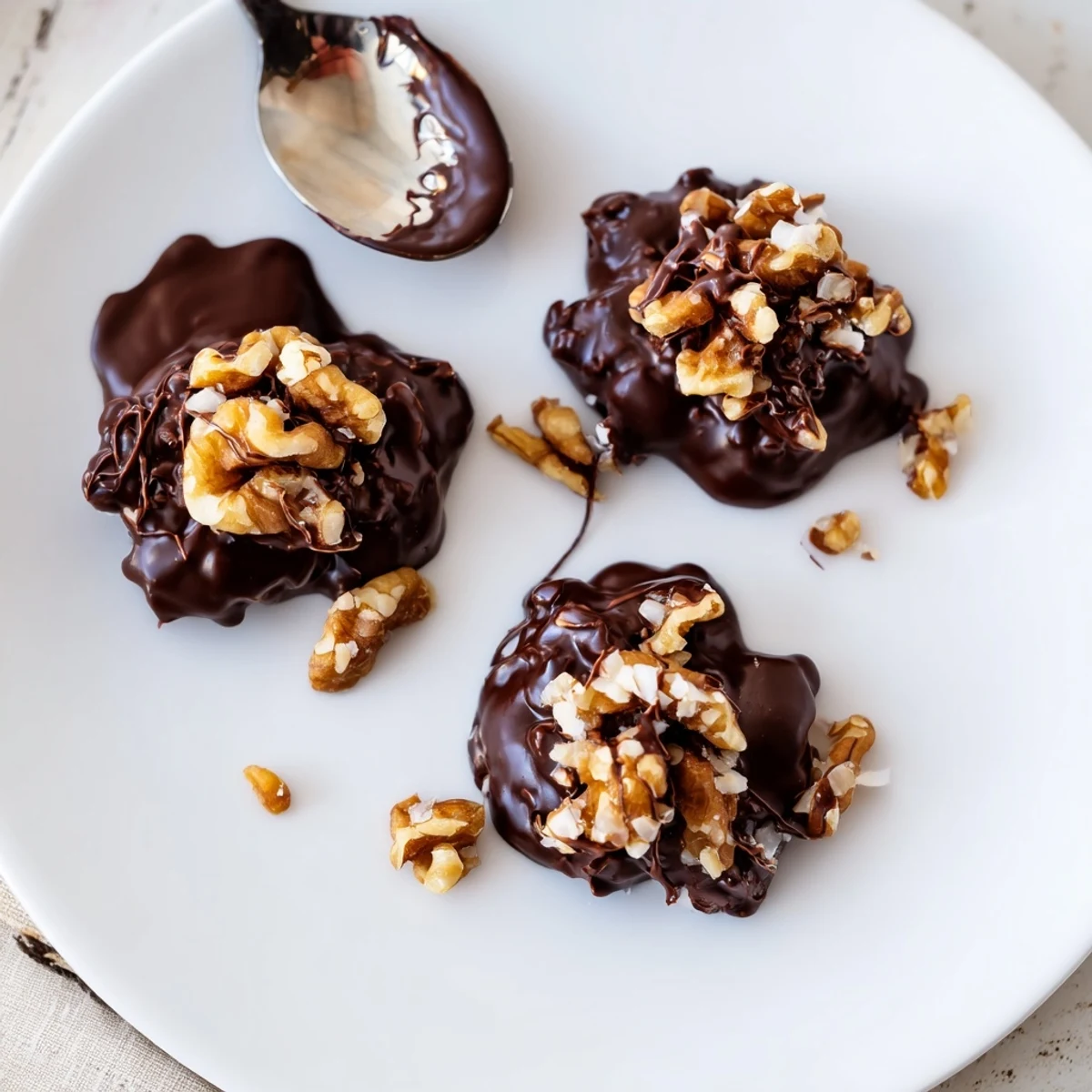 Dark Chocolate Walnut Coconut Crunch Clusters glossy, crunchy bites piled on a rustic plate