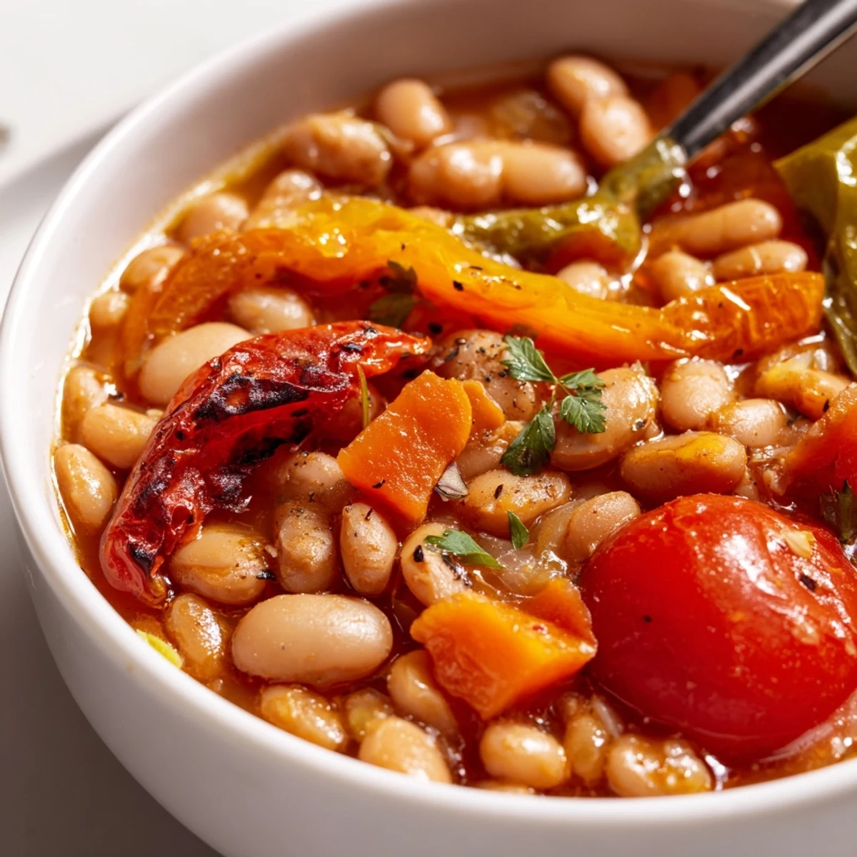 Smoky Pinto Bean and Roasted Tomato Hearty Soup, steaming bowl topped with cilantro