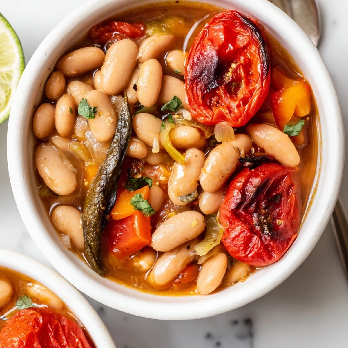 Bowl of velvety Smoky Pinto Bean and Roasted Tomato Hearty Soup, lime wedge