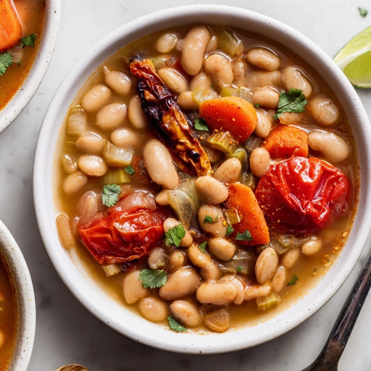 Large ladle pouring Smoky Pinto Bean and Roasted Tomato Hearty Soup into bowl