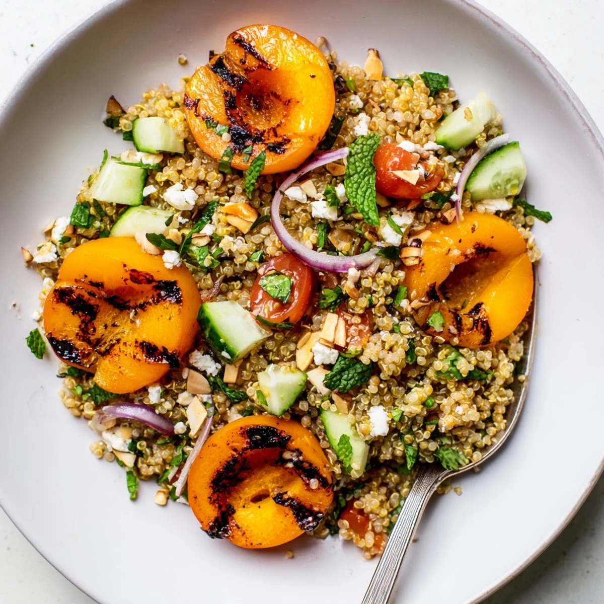 Bright Grilled Apricot Mint Quinoa Grain Salad tossed with cucumber and feta