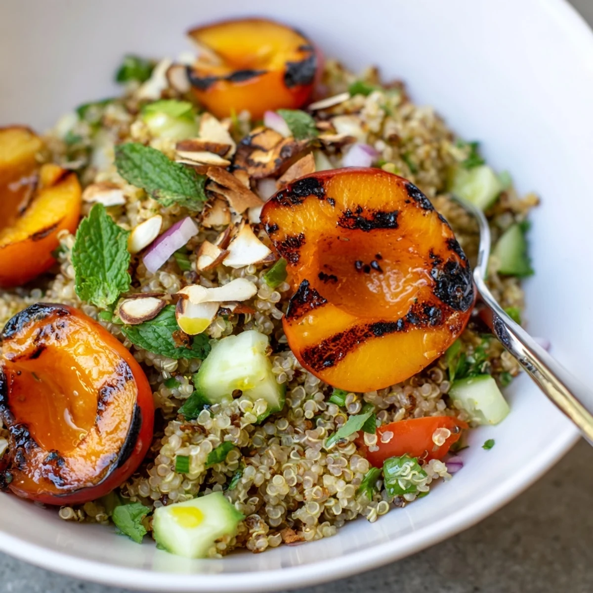 Grilled Apricot Mint Quinoa Grain Salad with smoky apricots and fluffy quinoa