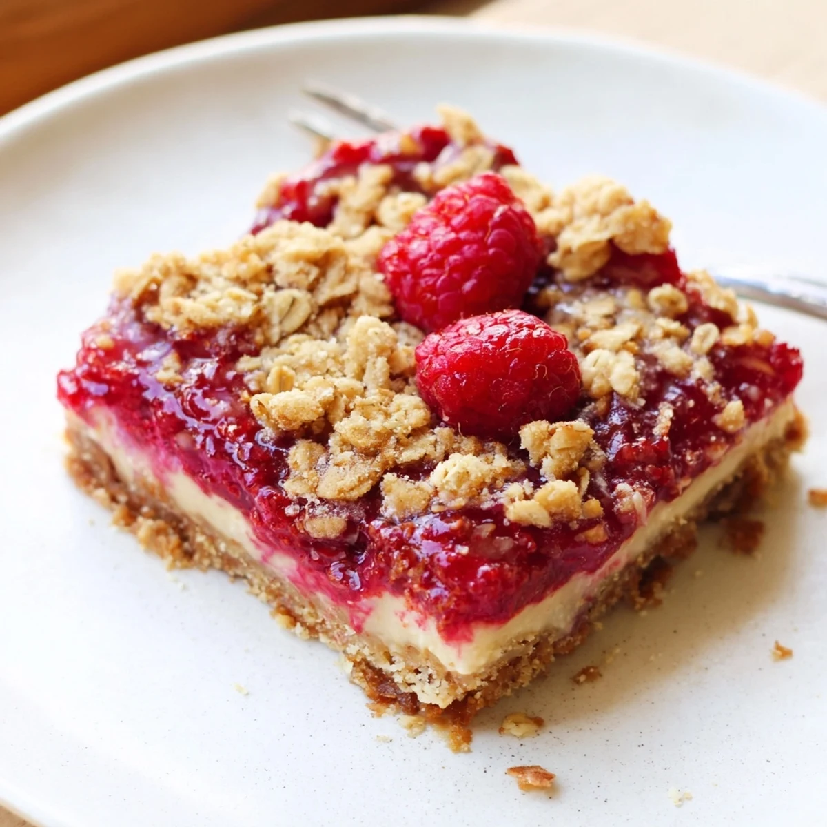Raspberry Vanilla Cashew Cream Crumble Squares cooling on parchment, golden oat crumble  