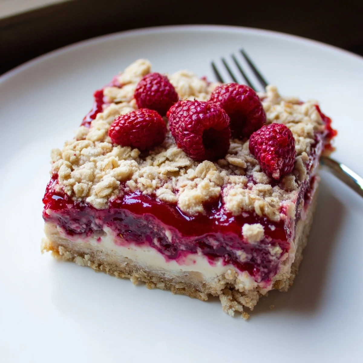 Sliced Raspberry Vanilla Cashew Cream Crumble Squares with glossy jam layer, creamy center  