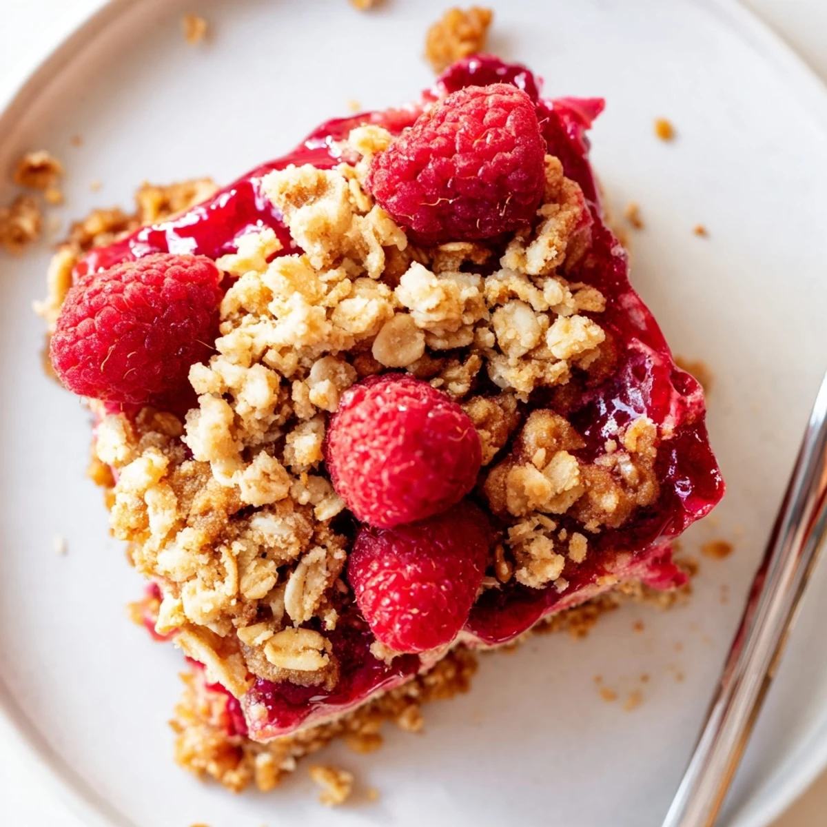 Plate of Raspberry Vanilla Cashew Cream Crumble Squares served with herbal tea