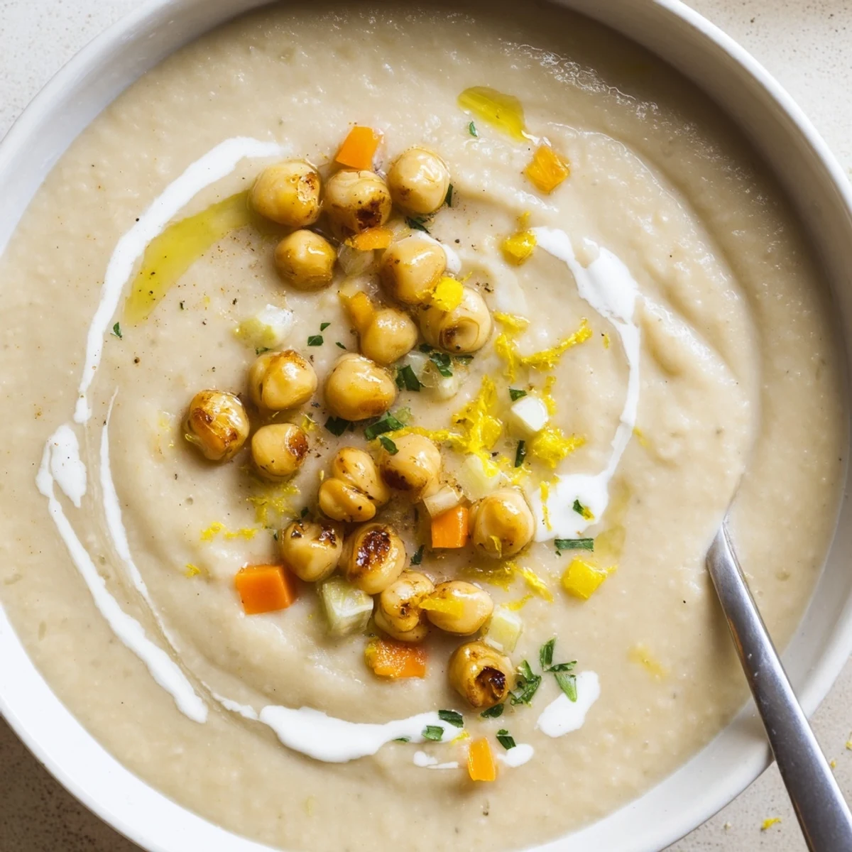 Creamy Roasted Fava Bean and White Bean Hearty Soup warm, velvety, topped with parsley.