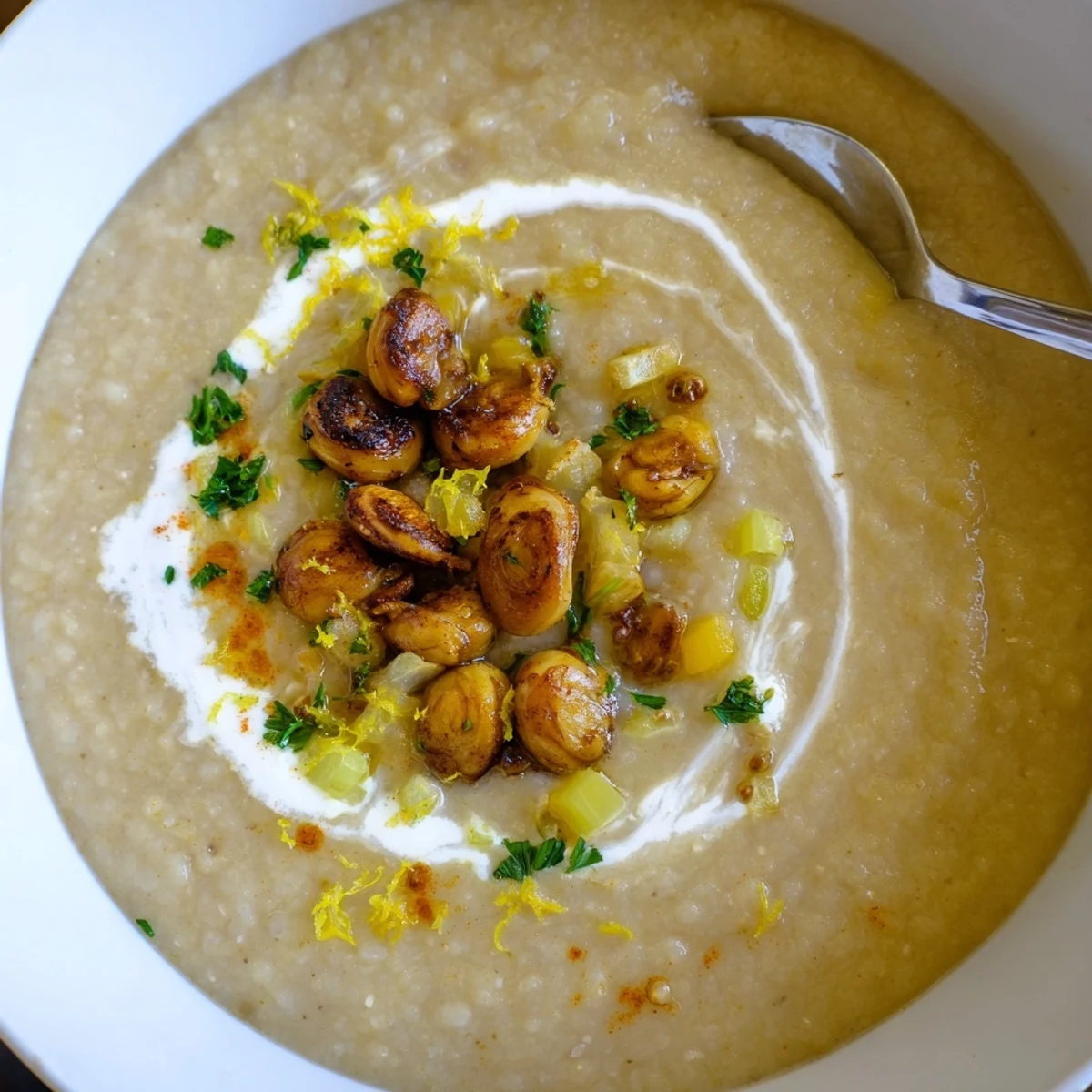 Steaming Creamy Roasted Fava Bean and White Bean Hearty Soup finished with lemon zest.