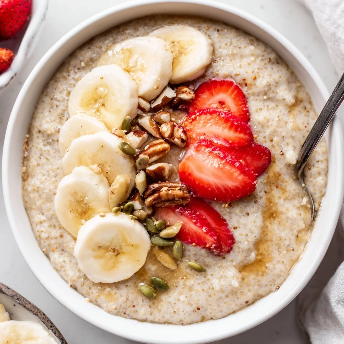 Creamy Vanilla Maple Millet Porridge Breakfast Bowl steaming, topped with strawberries and pecans