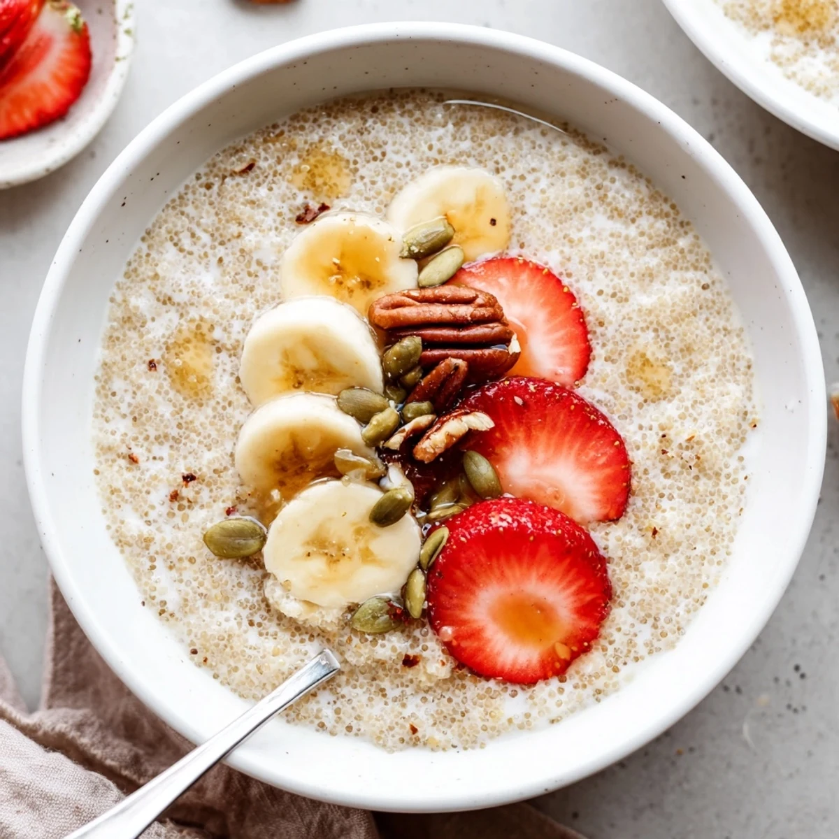 Warm Vanilla Maple Millet Porridge Breakfast Bowl drizzled with maple, bananas, pumpkin seeds