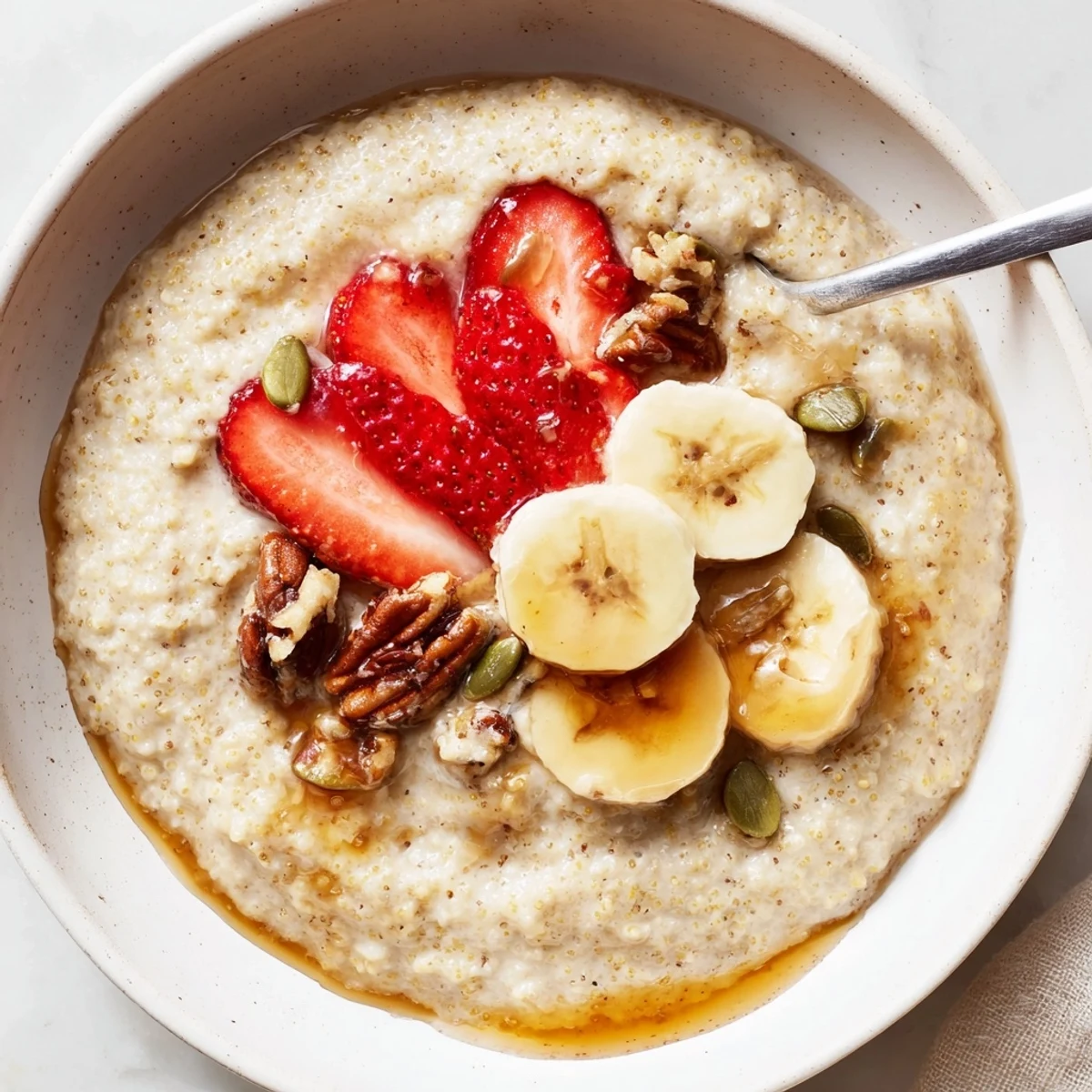 Spoonful of velvety Vanilla Maple Millet Porridge Breakfast Bowl with toasted pecans