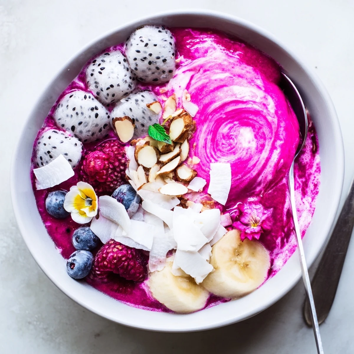 Dragonfruit Coconut Vanilla Chia Breakfast Bowl topped with toasted coconut and berries