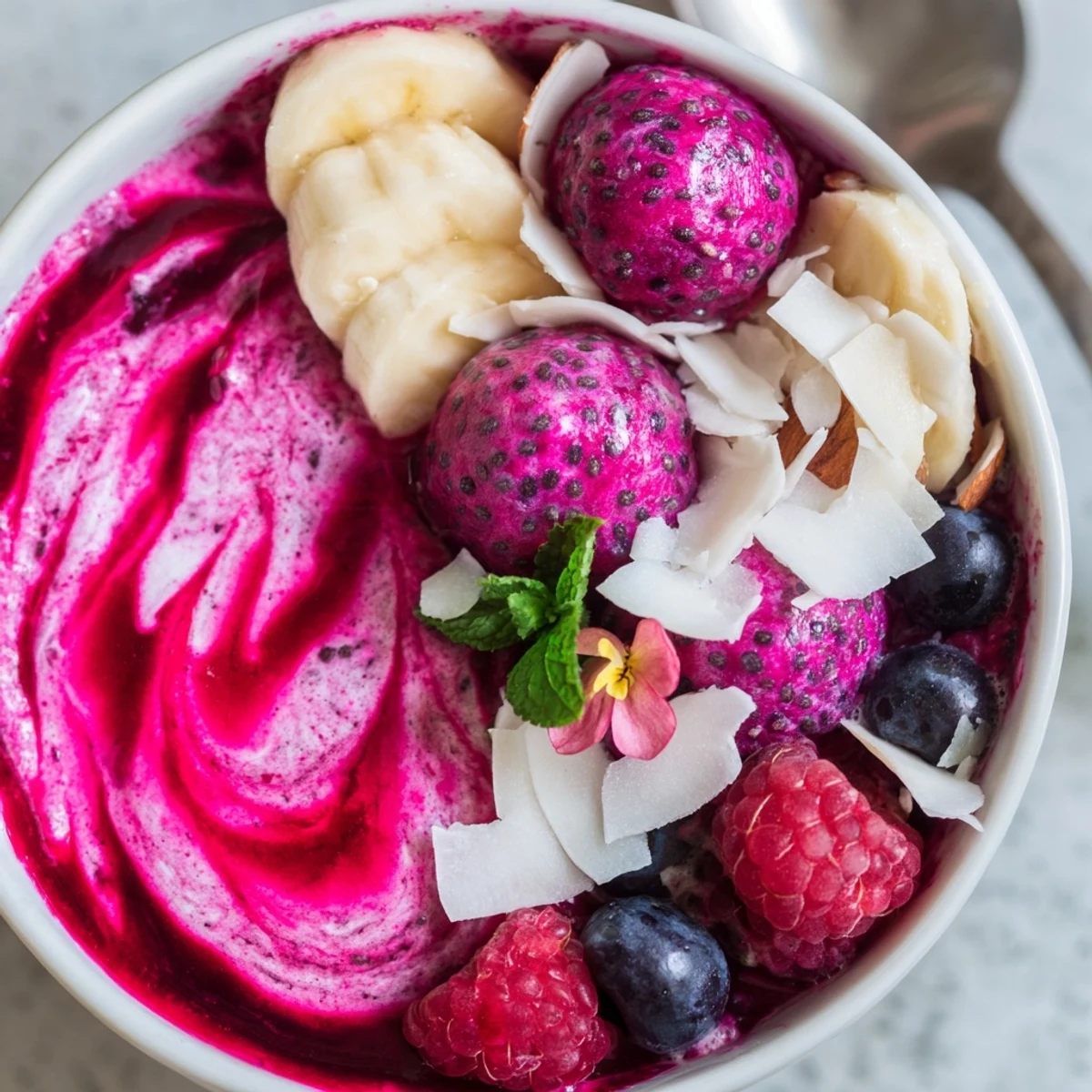 Chilled Dragonfruit Coconut Vanilla Chia Breakfast Bowl with silky puree and sliced almonds