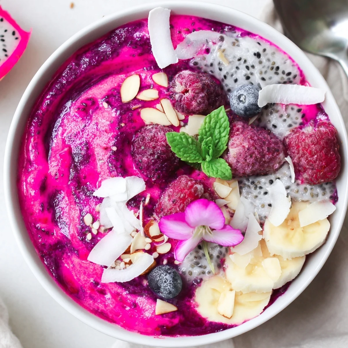 Morning Dragonfruit Coconut Vanilla Chia Breakfast Bowl, vibrant pink swirl with mint garnish