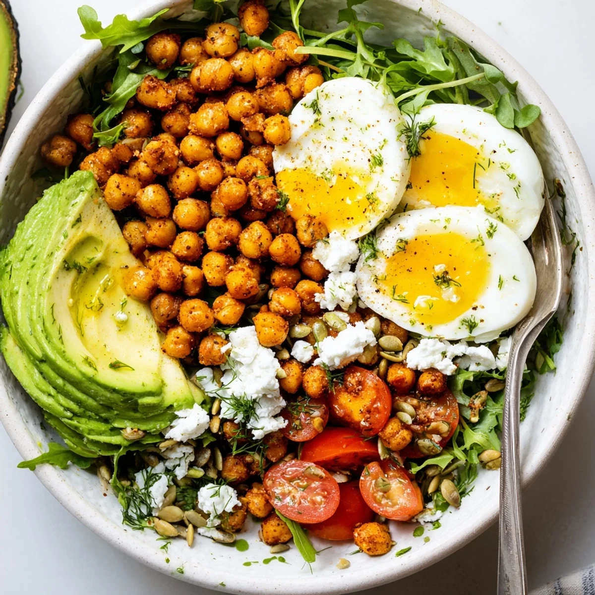 Savory Lemon Herb Chickpea and Arugula Breakfast Bowl with creamy avocado and soft-boiled egg