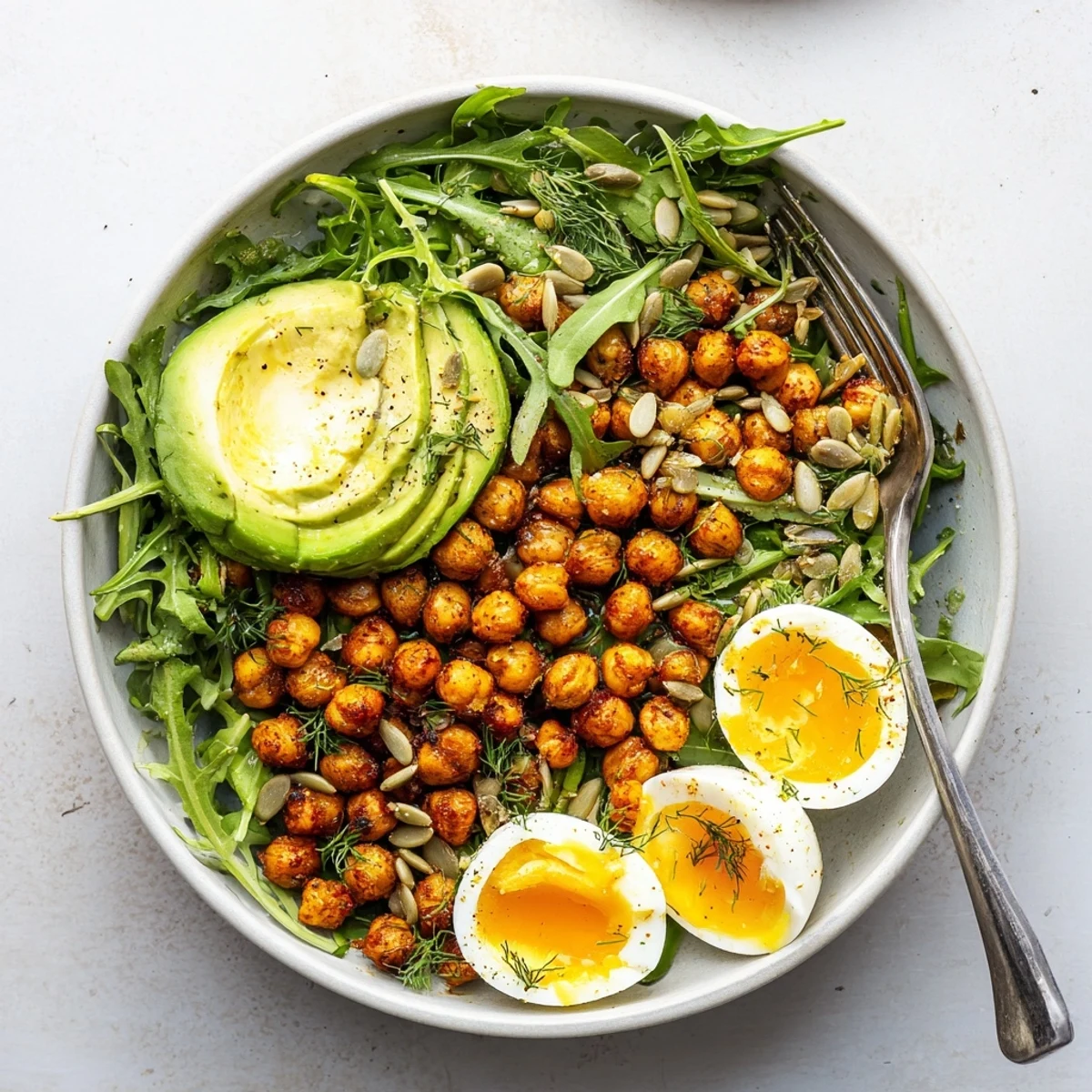 Savory Lemon Herb Chickpea and Arugula Breakfast Bowl drizzled with zesty dressing, cherry tomatoes