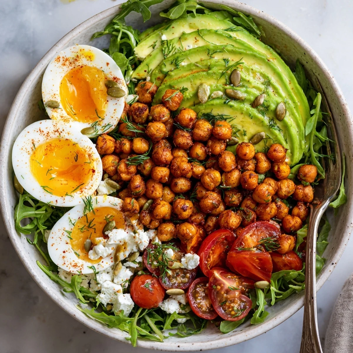 Savory Lemon Herb Chickpea and Arugula Breakfast Bowl paired with crusty whole-grain toast