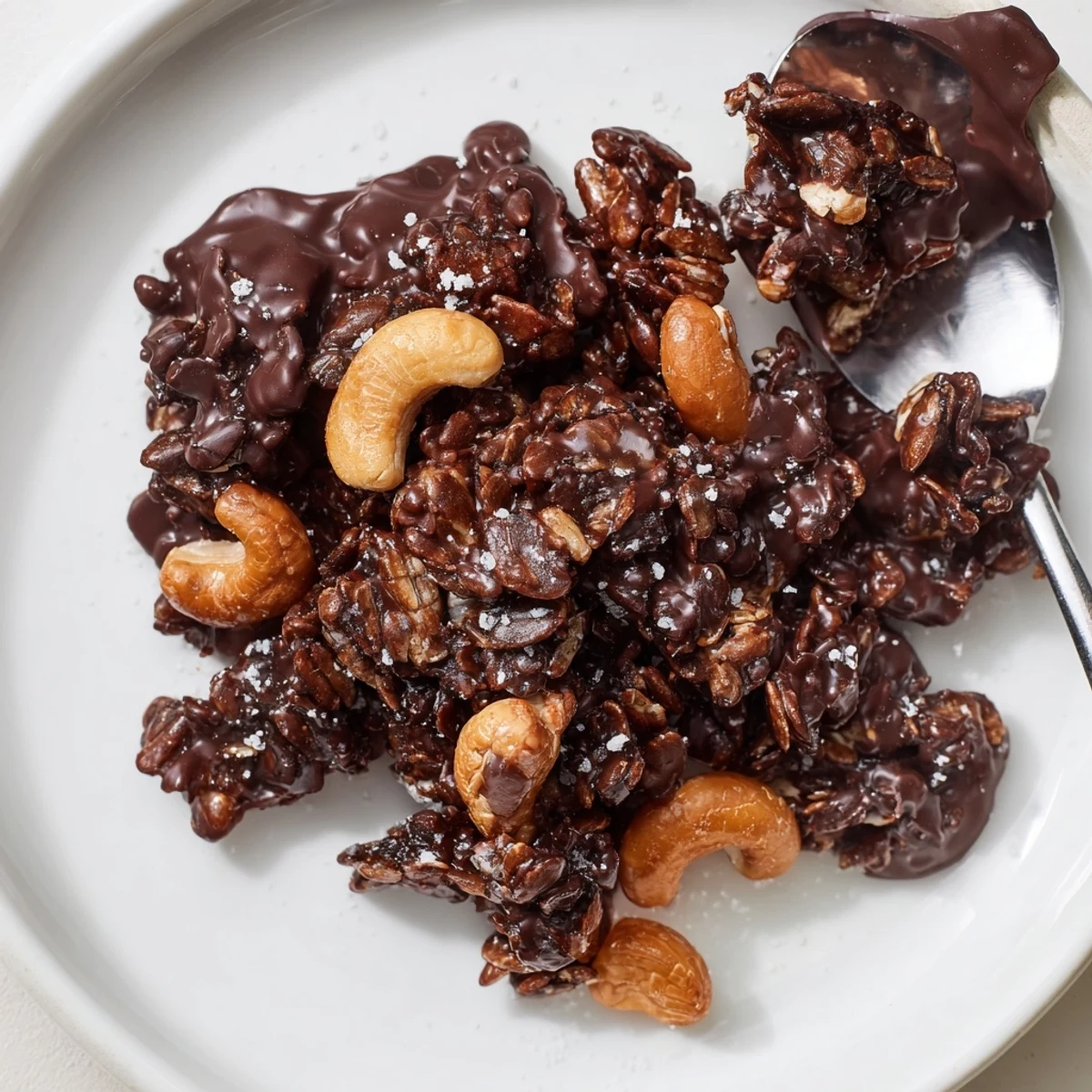 Dark Chocolate Cashew Date Crunch Clusters chilled on parchment, glossy chocolate sheen