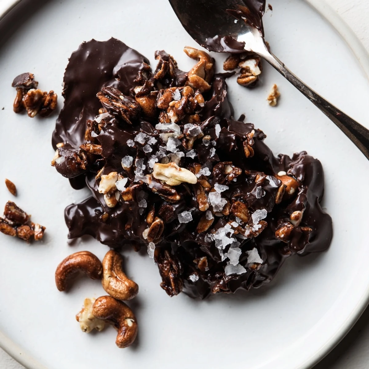 Parchment-lined tray of bite-sized glossy treats: Dark Chocolate Cashew Date Crunch Clusters