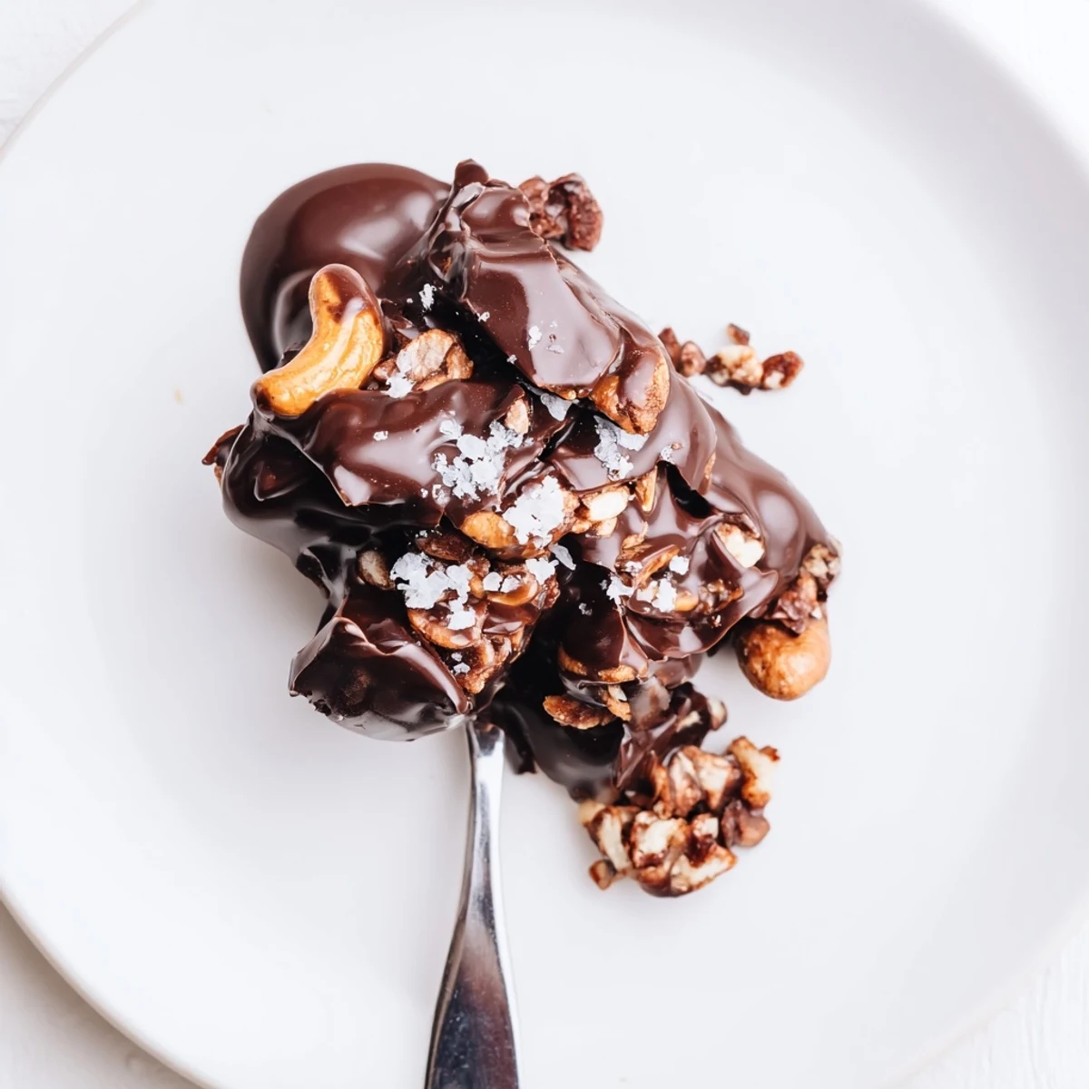 Fork-ready Dark Chocolate Cashew Date Crunch Clusters studded with toasted cashews