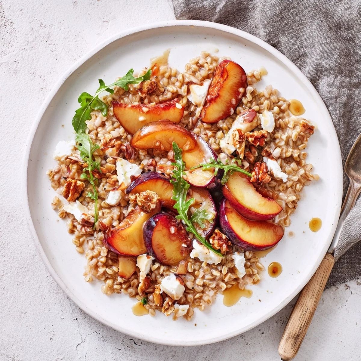 Roasted Plum & Thyme Farro Grain Salad with caramelized plums, crunchy walnuts.