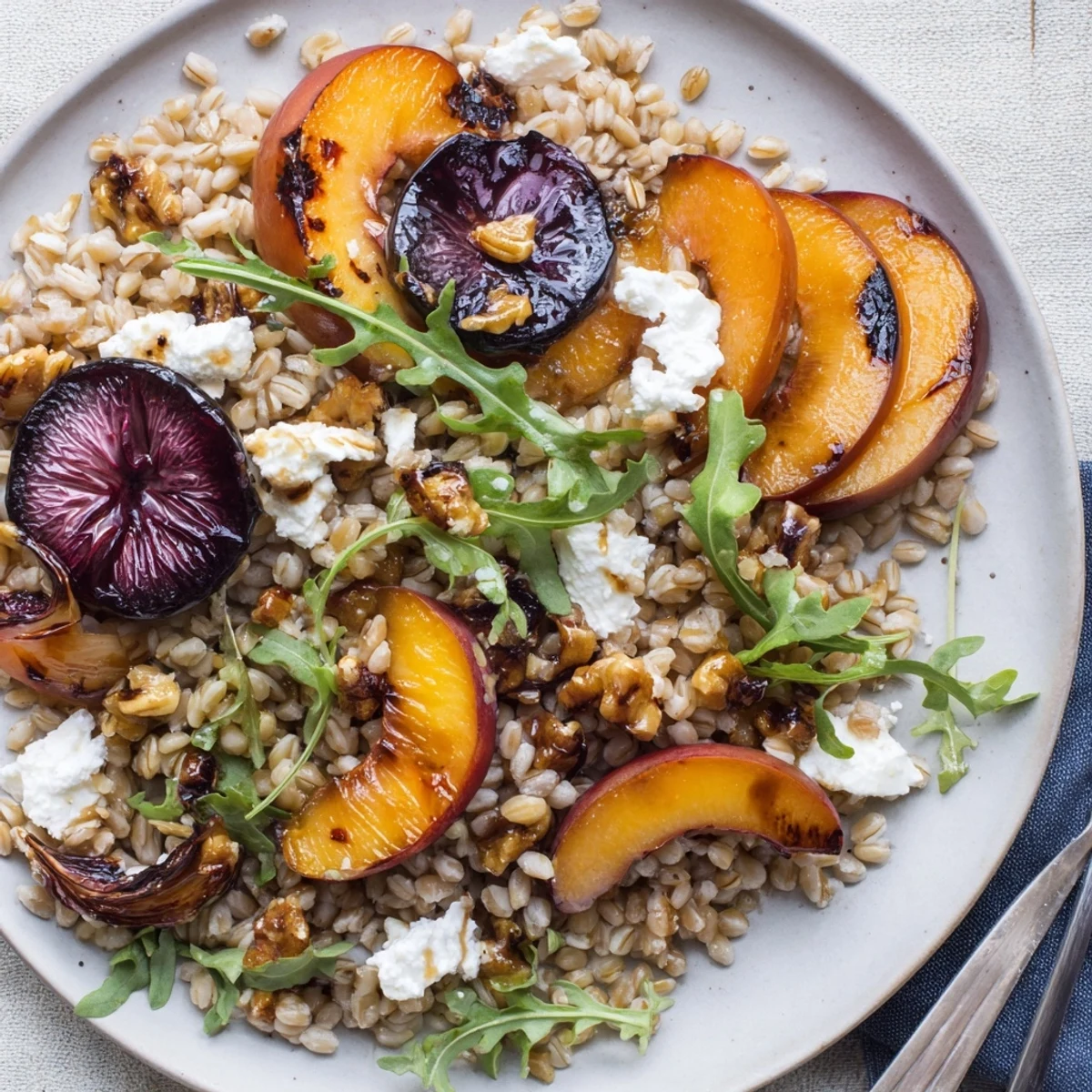 Plated Roasted Plum & Thyme Farro Grain Salad, peppery arugula and crumbled feta.