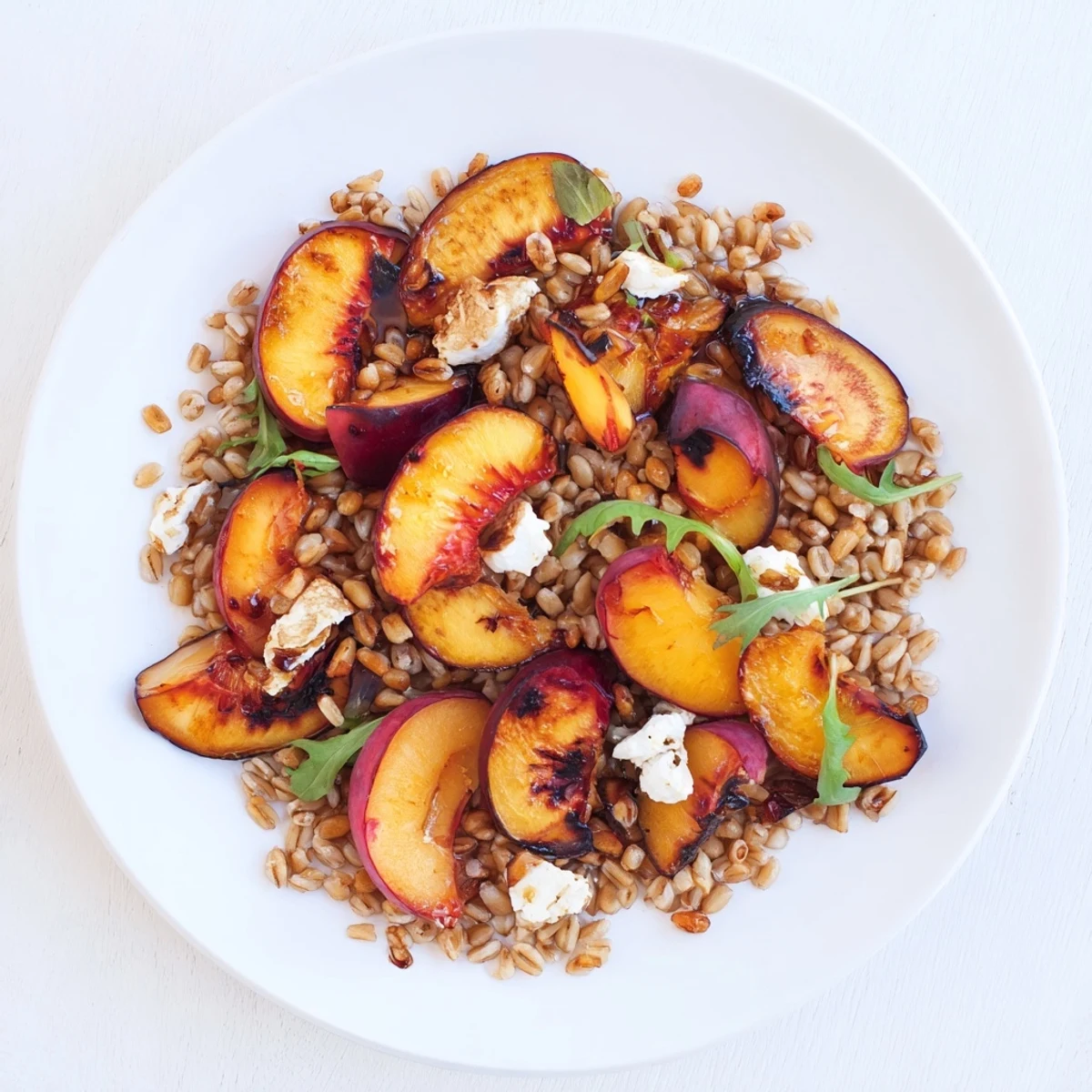 Bowl of Roasted Plum & Thyme Farro Grain Salad tossed in tangy balsamic vinaigrette.