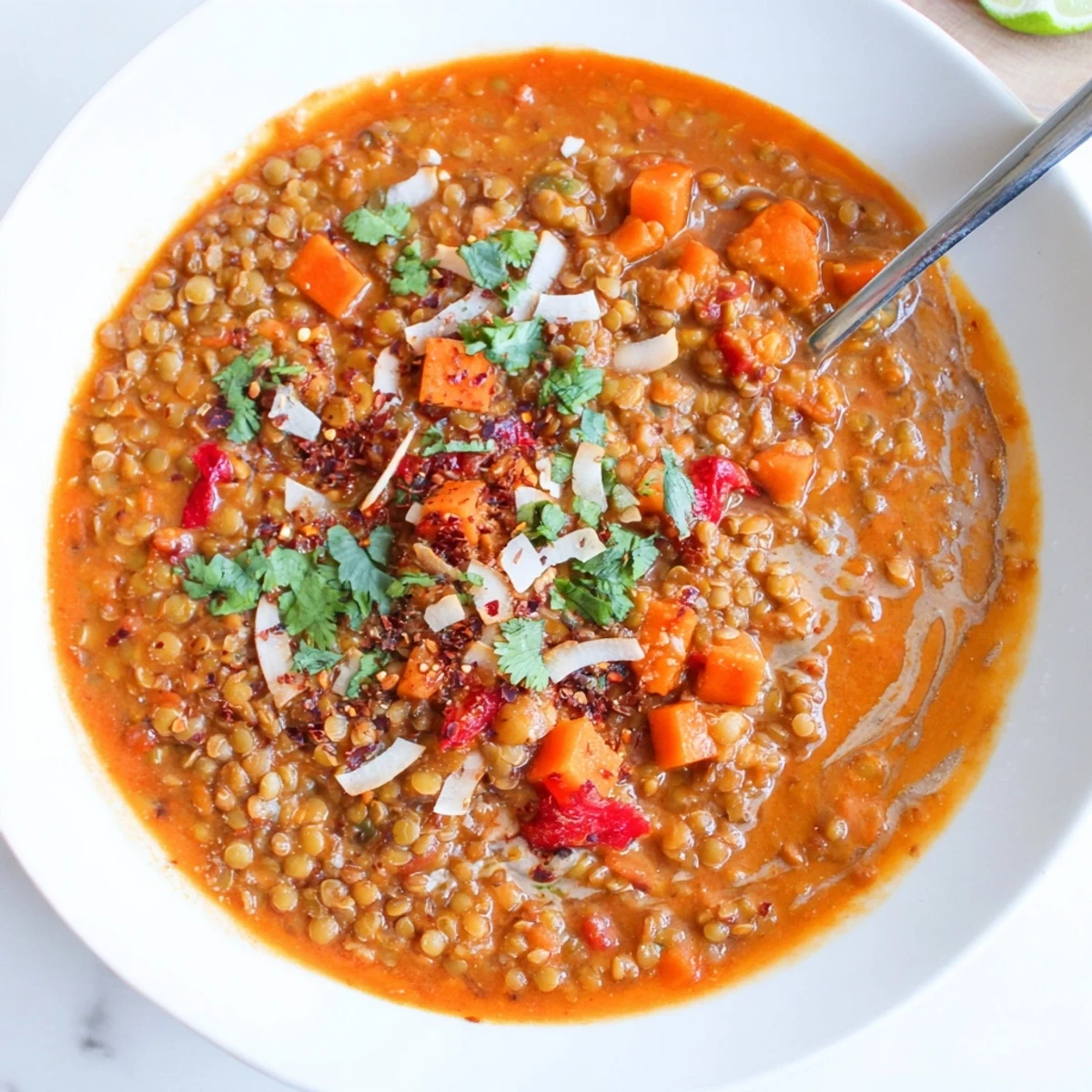 Spiced Coconut Tomato Red Split Lentil Hearty Soup steaming in bowl, cilantro