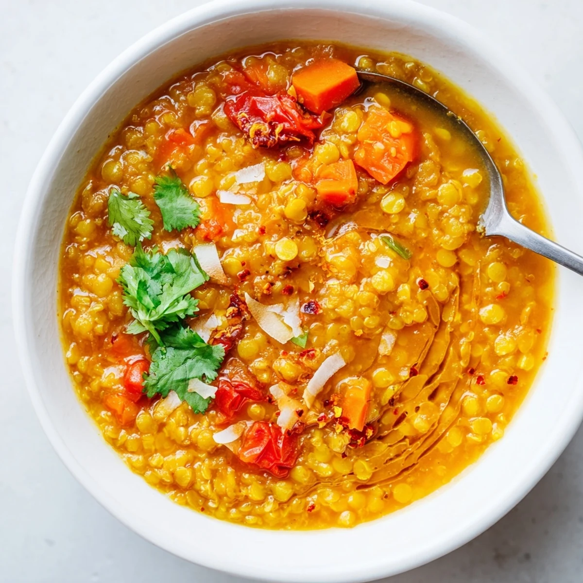 Creamy bowl of Spiced Coconut Tomato Red Split Lentil Hearty Soup, toasted coconut