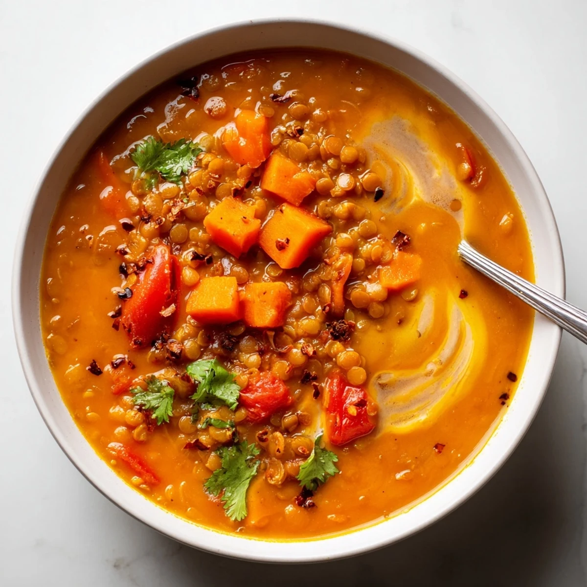 Spiced Coconut Tomato Red Split Lentil Hearty Soup ladled over rice with lime