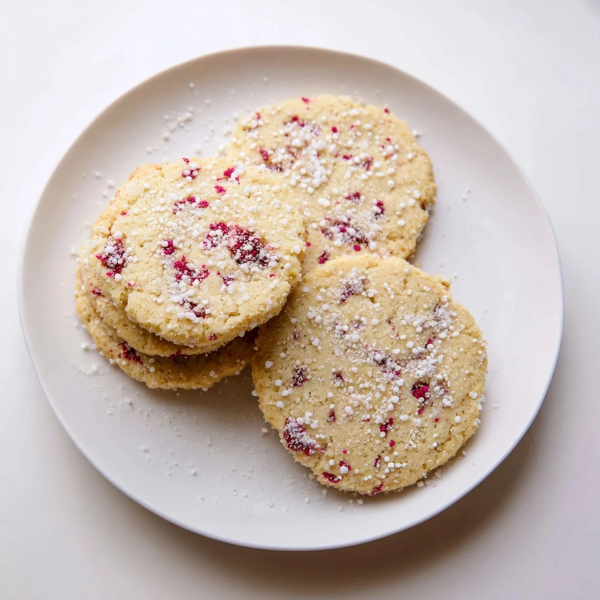 Soft vegan vanilla raspberry sugar cookies with pink berry pieces and sugar coating on white plate
