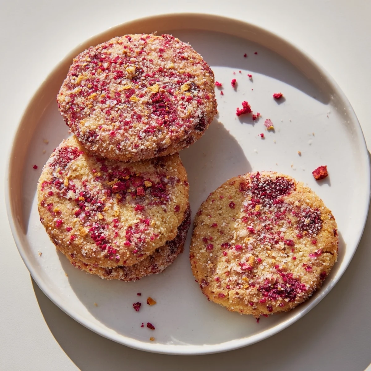 Chewy vegan vanilla raspberry sugar cookies studded with tangy red raspberries, golden edges, sprinkled with sugar