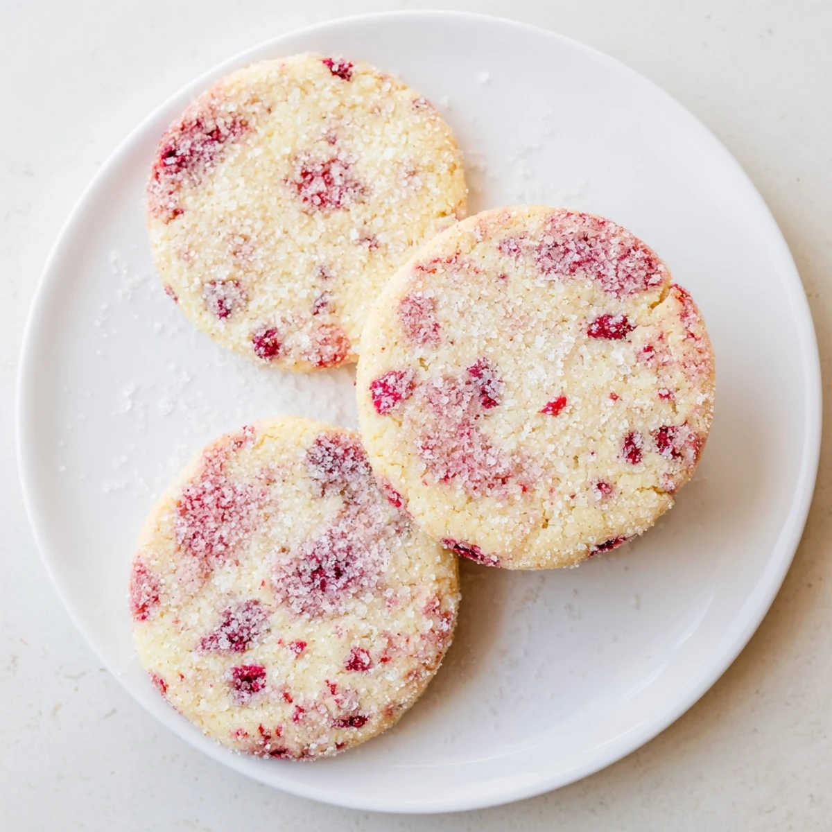 Stack of plant-based vegan vanilla raspberry sugar cookies topped with crushed freeze-dried raspberries on wooden board