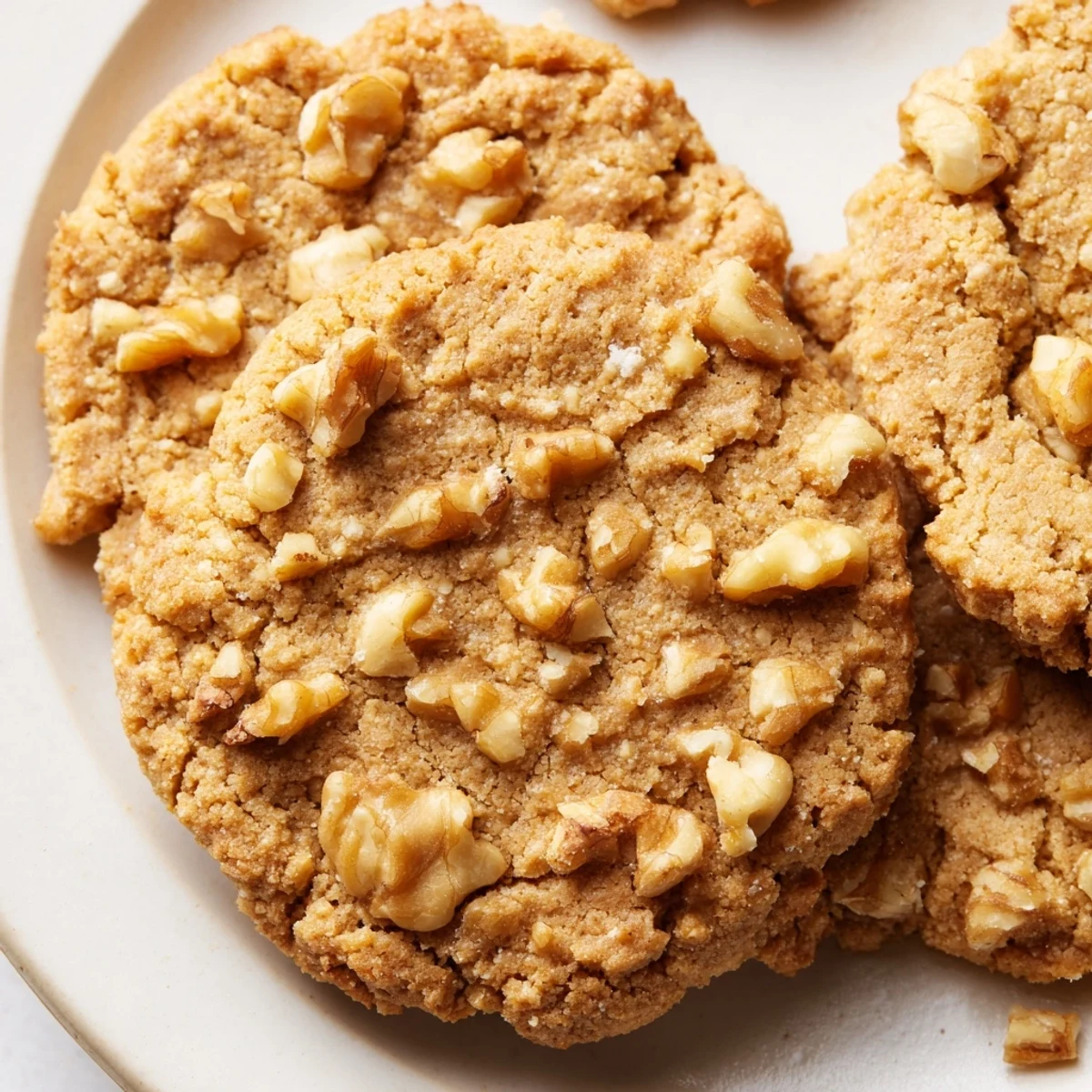 Golden brown keto maple walnut butter crunch cookies stacked on a white plate with toasted nut bits visible
