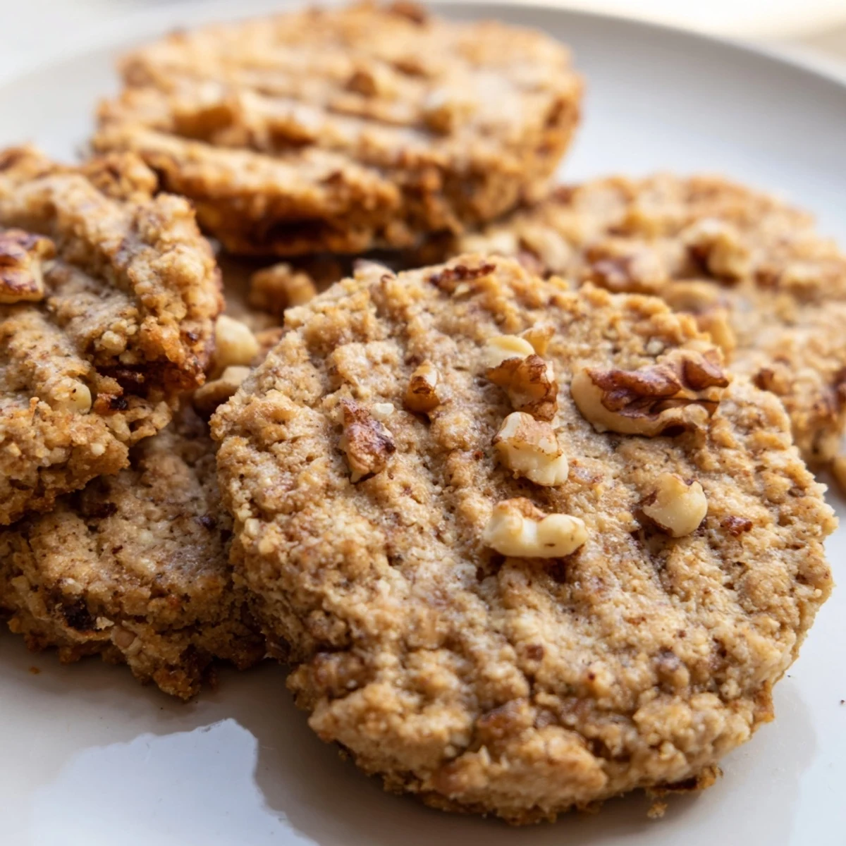 Close-up of freshly baked keto maple walnut butter crunch cookies showing crispy edges and rich buttery texture