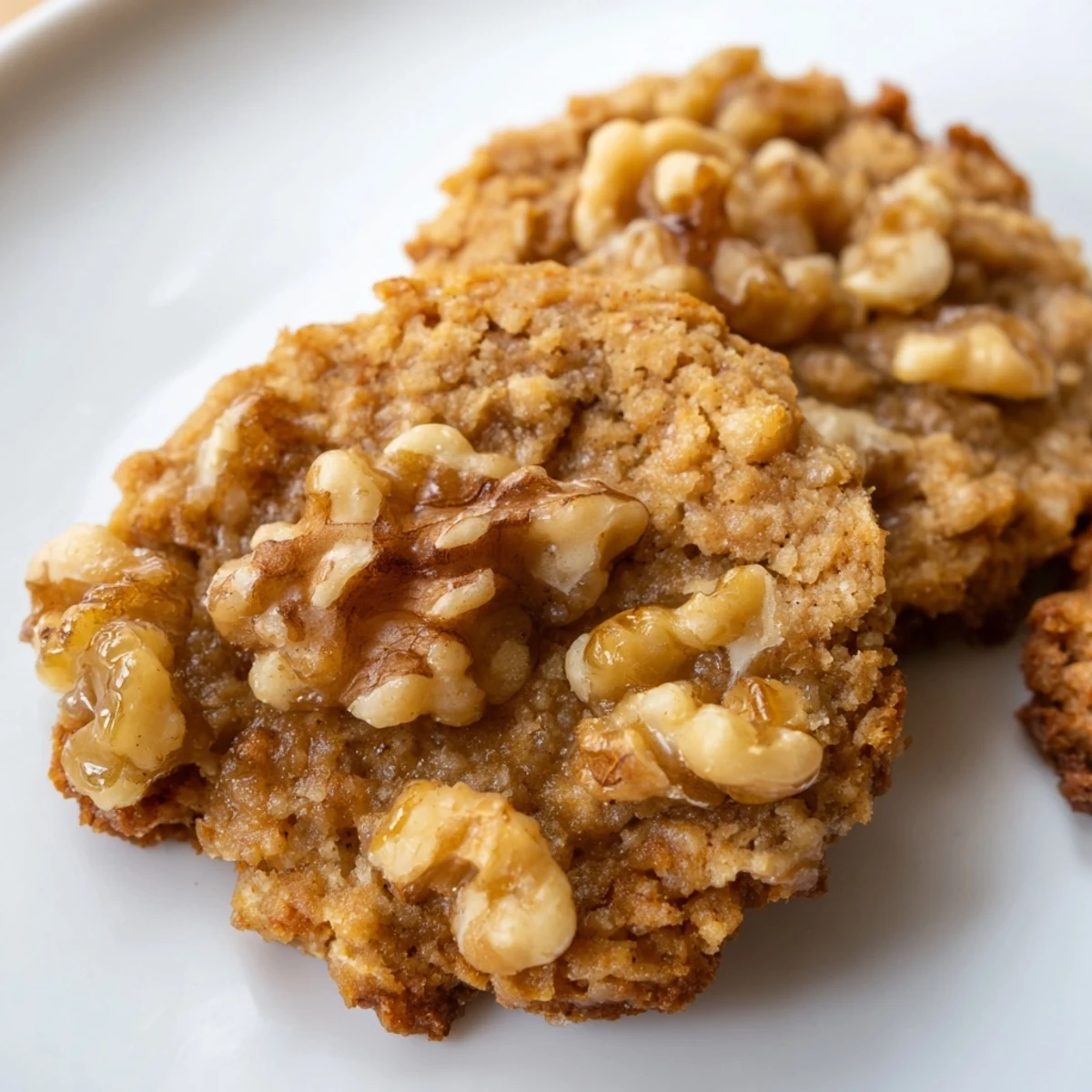 Batch of low-carb keto maple walnut butter crunch cookies cooling on wire rack with golden edges and walnut pieces