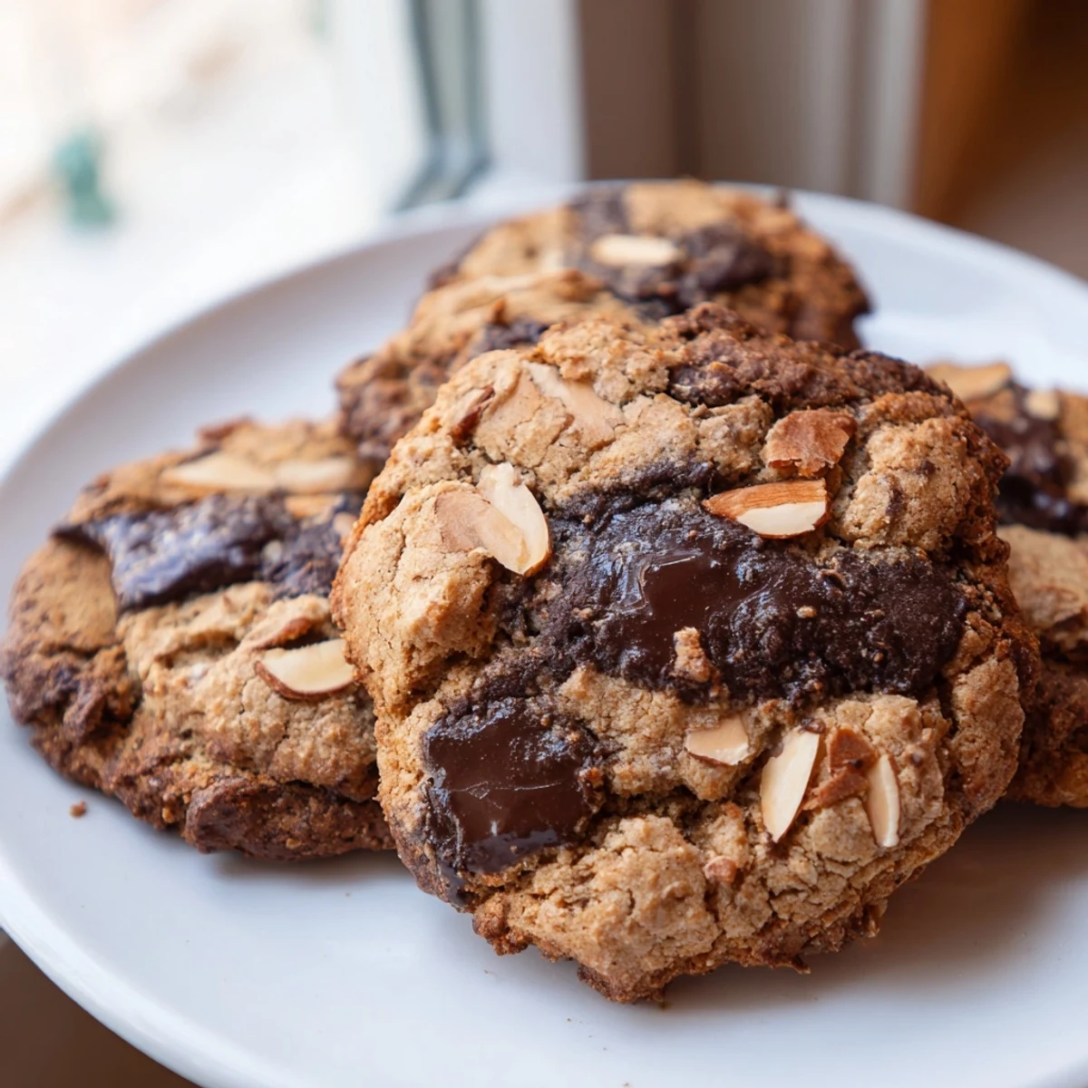 Freshly baked gluten-free dark chocolate almond butter crisp cookies sprinkled with sea salt on a wooden cutting board