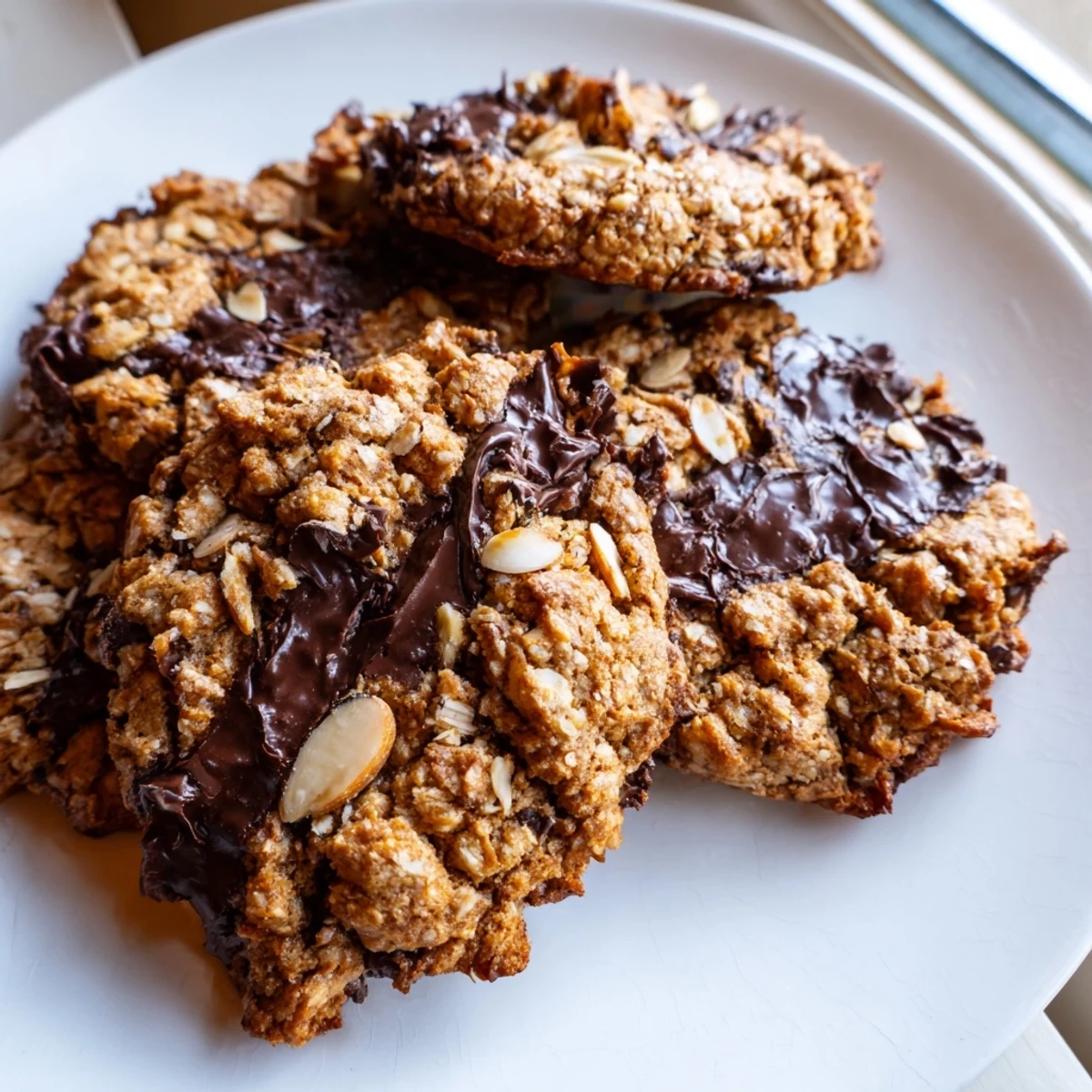 Chewy almond butter cookies with dark chocolate chips cooling on a wire rack with golden crispy edges