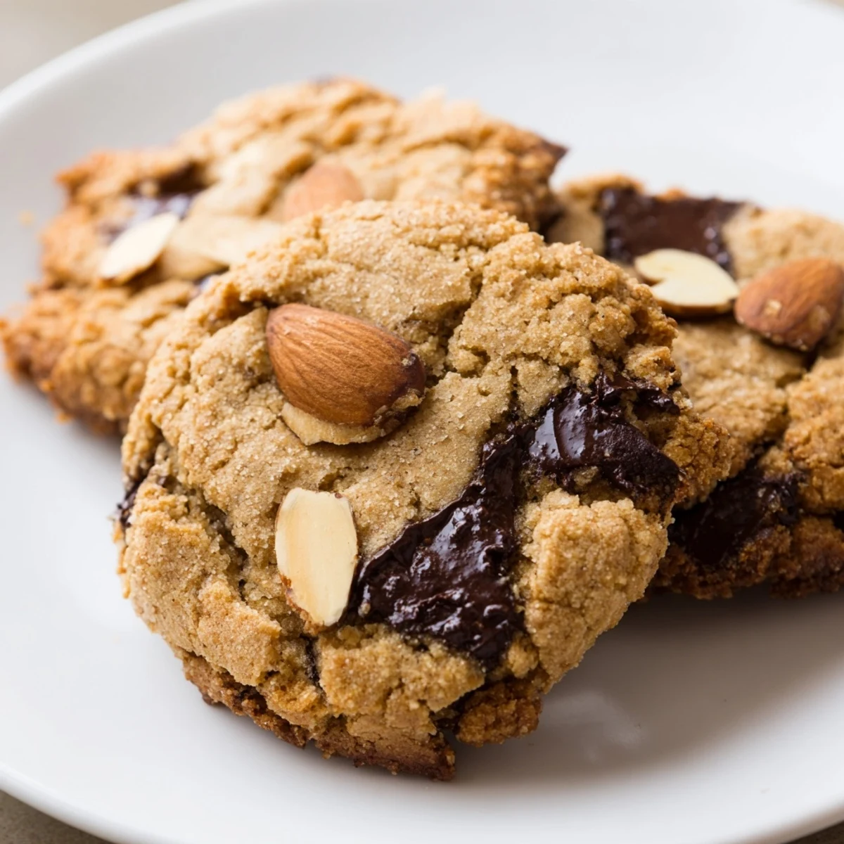 Golden gluten-free dark chocolate almond butter crisp cookies studded with melty chocolate chunks and toasted sliced almonds