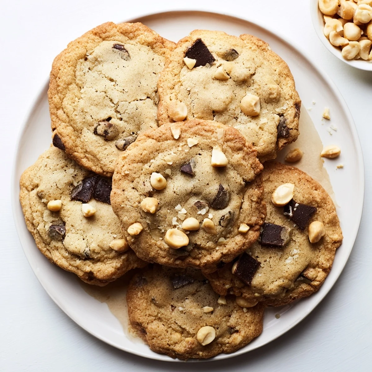 Golden brown gluten-free espresso chocolate macadamia cookies studded with dark chocolate chunks and chopped nuts