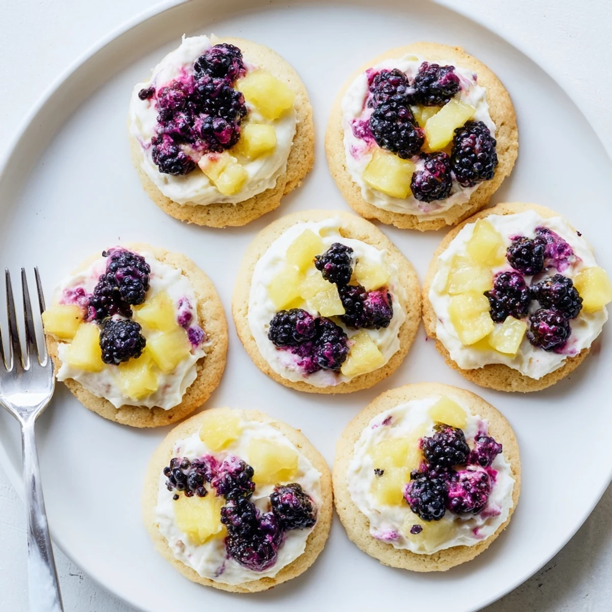 Soft golden vegan pineapple blackberry cream sugar cookies topped with vibrant purple fruity frosting and fresh blackberry halves
