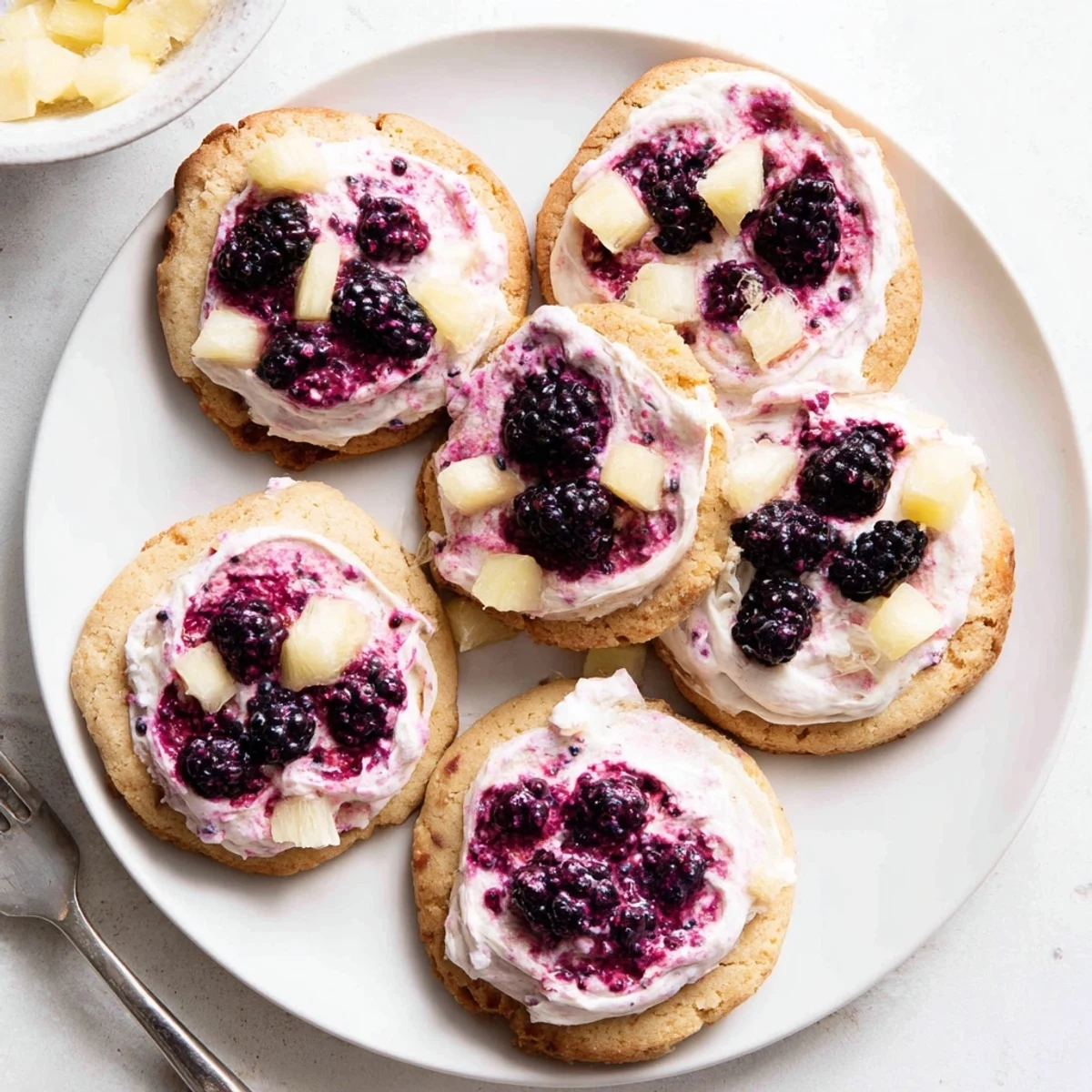 Baked vegan pineapple blackberry cream sugar cookies with swirls of pink fruit cream and scattered pineapple chunks