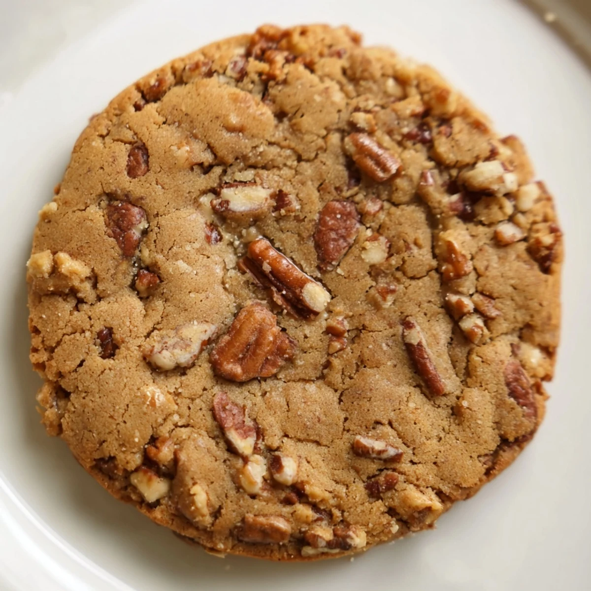 Golden keto vanilla pecan butter crisp cookies with visible pecan pieces on a white plate