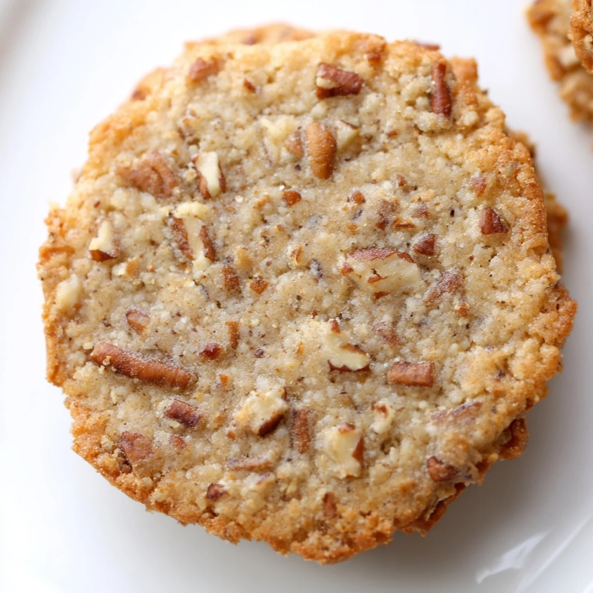 Close-up of buttery keto vanilla pecan cookies topped with chopped toasted pecans