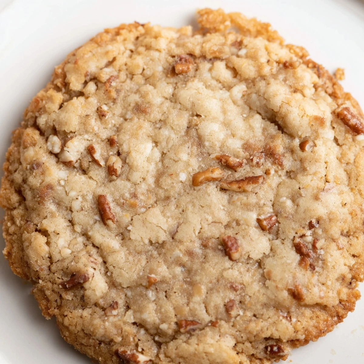 Stack of crisp low-carb vanilla pecan cookies showing golden edges and nutty texture