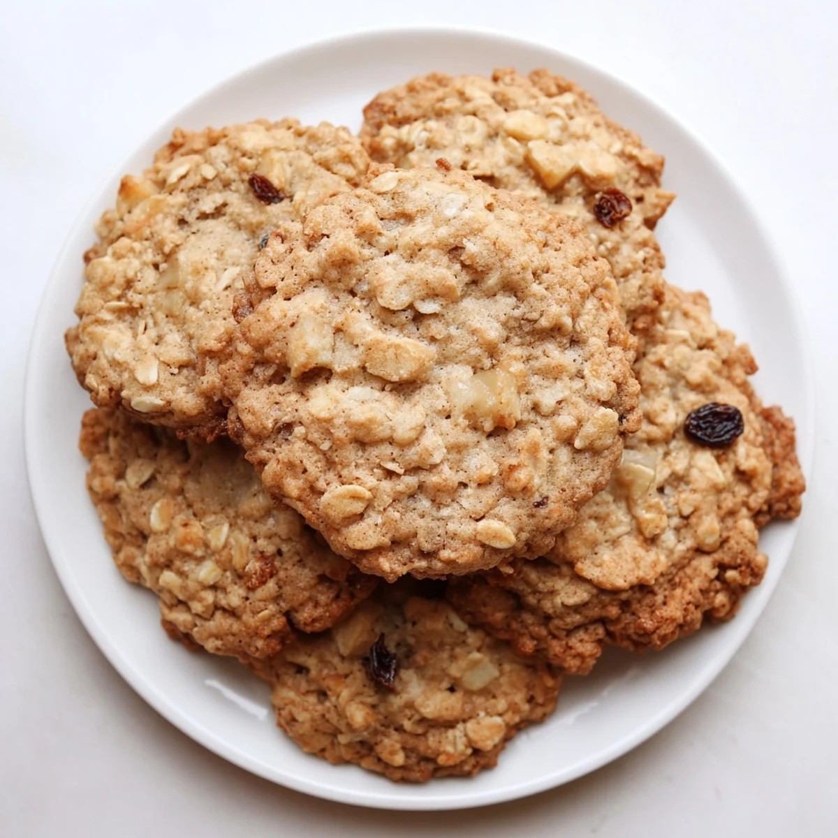 Golden brown apple cinnamon honey oatmeal raisin cookies on a cooling rack with visible diced apple pieces