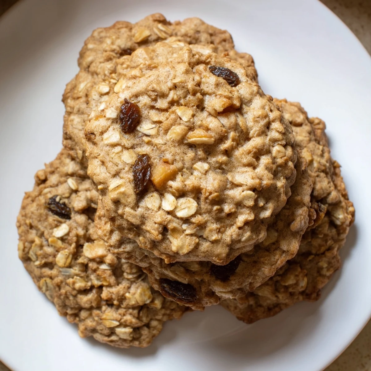 Freshly baked chewy oatmeal cookies studded with sweet raisins and cinnamon sugar on parchment paper