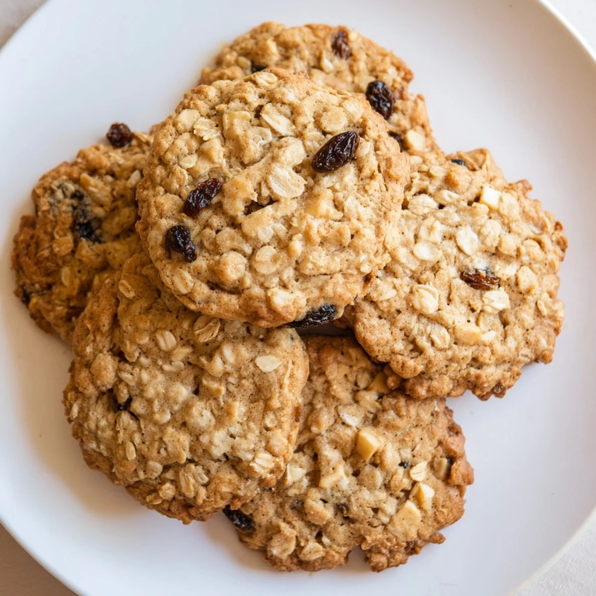 Stack of warm apple cinnamon honey oatmeal raisin cookies ready for serving on a white plate